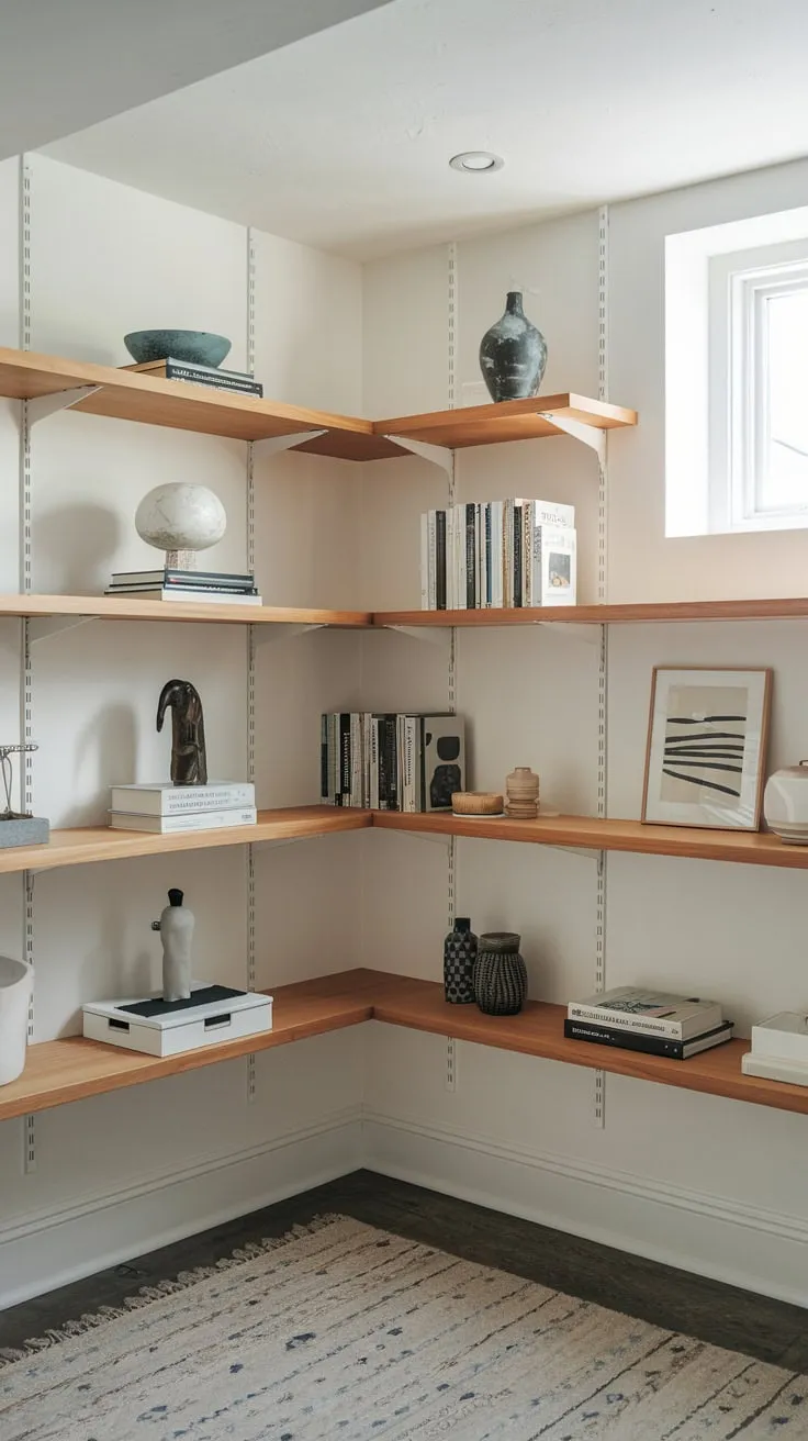 Stylish Modern Basement Storage with Wooden Shelves