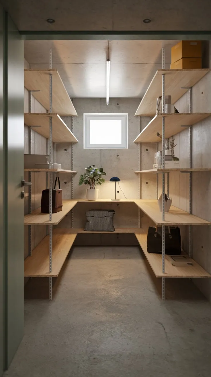 Minimalistic Industrial Basement Storage with Wooden Shelves