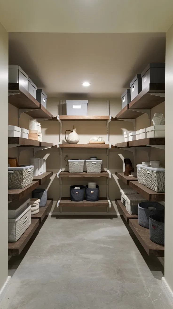 Stylish Modern Basement Storage with Dark Wood Shelves