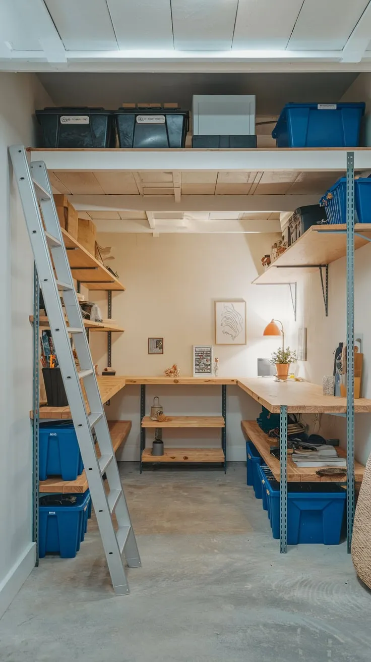 Modern Basement Storage Room with Loft and Ladder