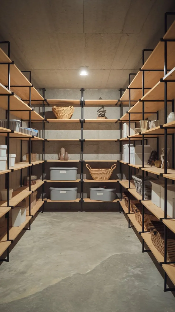 Modern Basement Storage with Wooden Shelves and Bright Lighting