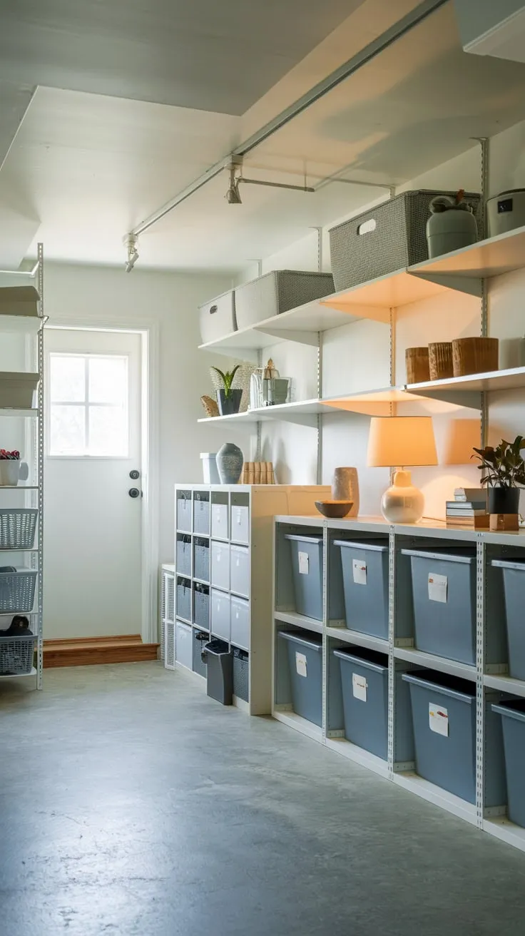 Stylish Modern Basement Storage with Organized Shelving Units