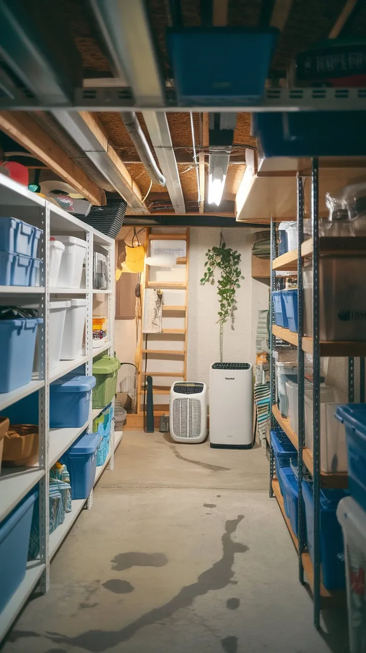 This well-lit basement showcases the perfect blend of functionality and style.  Clever storage solutions, including shelving, storage containers, and under stairs storage, maximize space.  The crawl space storage is easily accessible via a ladder, and the basement waterproofing ensures a dry and organized environment.  This basement renovation is a testament to smart basement organization and offers plenty of storage ideas for your home.  From basement finishing touches like the hanging lamp and plant to practical storage boxes, every detail contributes to a truly efficient and inviting space.