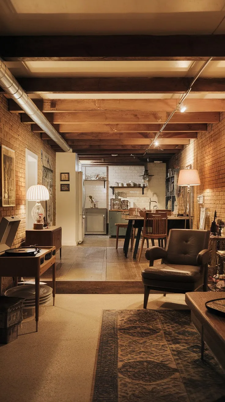 This vintage basement suite boasts a cool basement aesthetic, proving that open plan basement ideas can create a comfortable and cozy rec room. Living in basement ideas don't get much better than this vintage basement remodel.