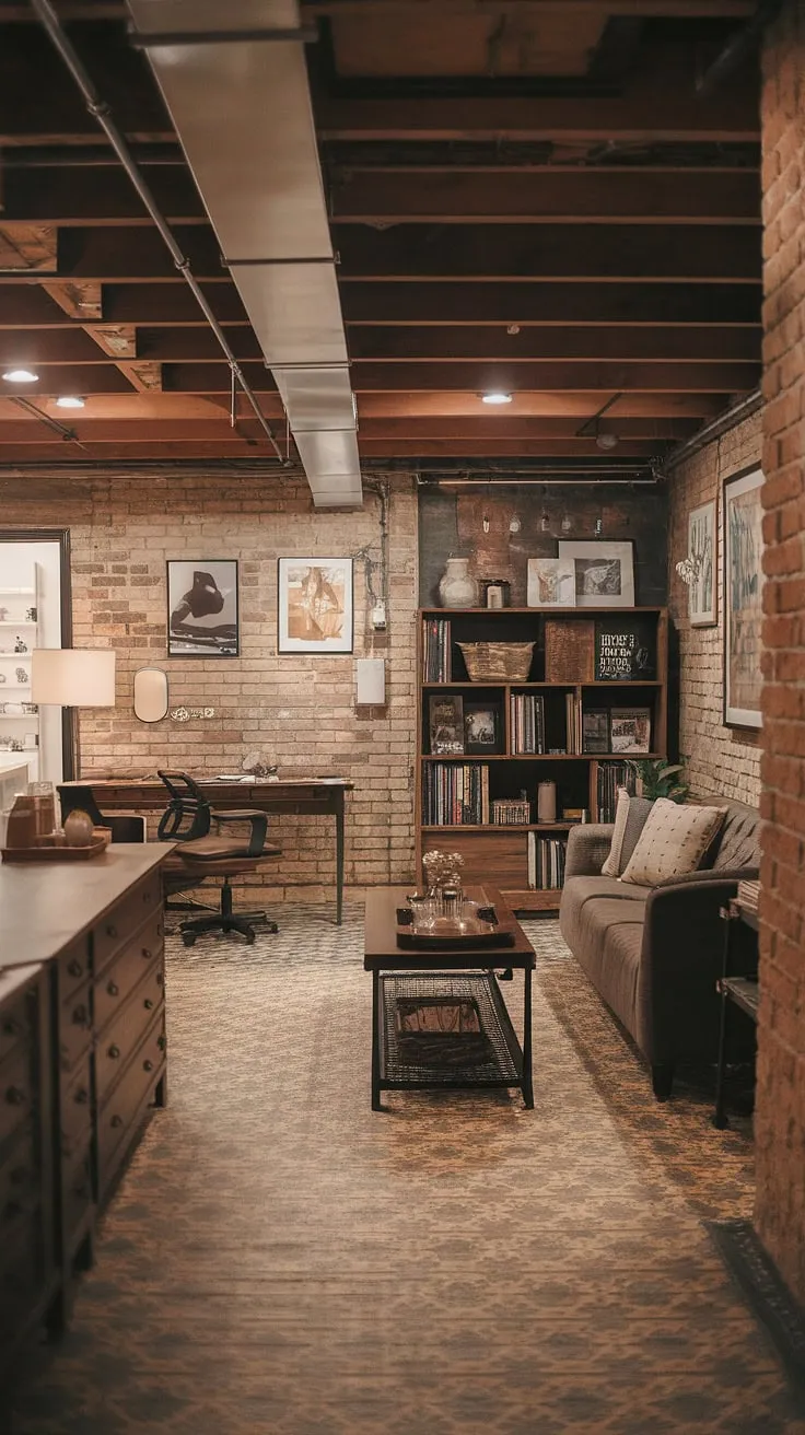Transforming a dark, unfinished basement into a bright and airy basement suite. This vintage basement remodel boasts an open plan layout, perfect for cozy rec room living, showcasing cool basement aesthetic and comfortable basement ideas.