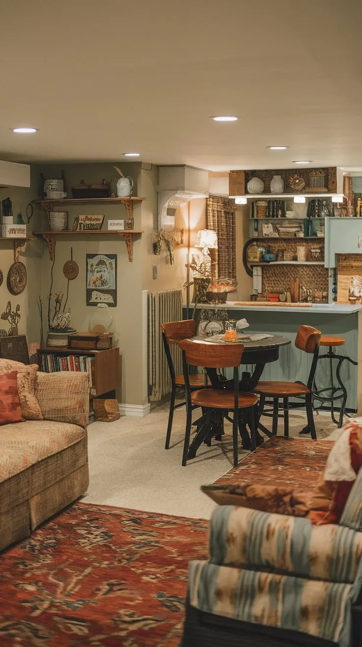 Transforming a small dark basement into a charming living space? This vintage basement remodel offers cute unfinished basement ideas and inspiring open plan basement ideas for your comfortable basement ideas and cozy rec room.