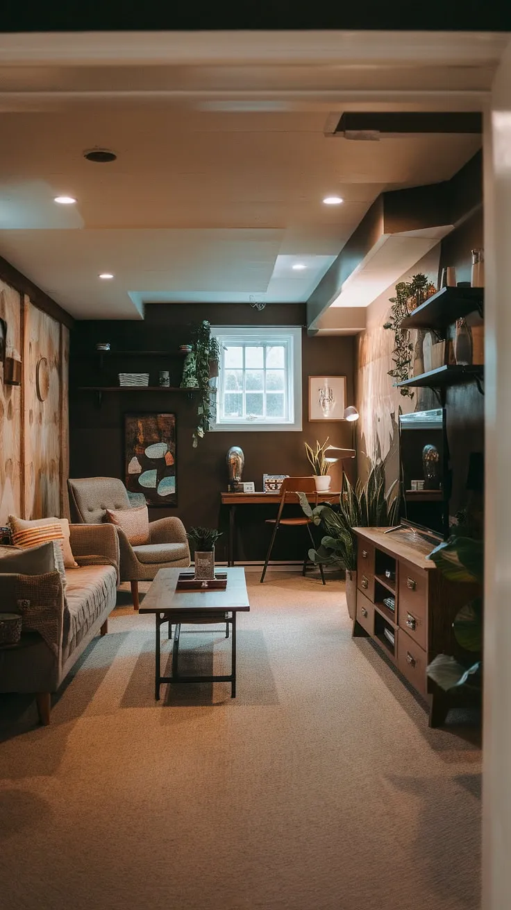 This vintage basement remodel showcases a cool basement aesthetic perfect for living in basement ideas. The open plan maximizes space, creating a comfortable basement suite with a cozy rec room featuring a plush couch, armchair, and TV. Dark walls and plush carpet add warmth, while rustic and modern elements blend seamlessly. This is a great example of cute unfinished basement ideas and small dark basement ideas, proving that even a small space can be transformed into a welcoming and stylish living area. Open plan basement ideas are brilliantly executed here, maximizing functionality and comfort.