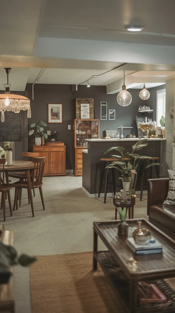 This basement suite boasts a cool basement aesthetic, proving that even small dark basement ideas can be transformed into comfortable basement ideas. The open plan layout and vintage basement remodel create a cozy rec room perfect for living in basement ideas.