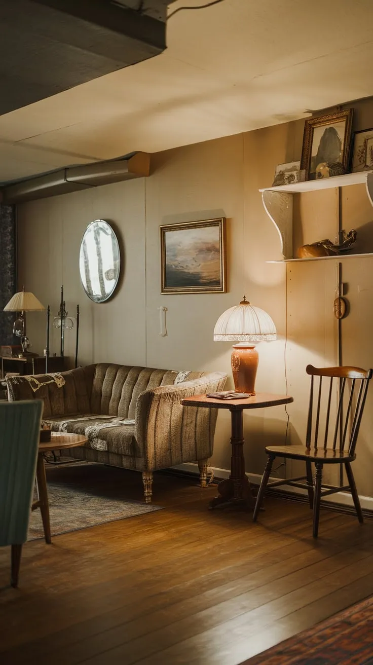 Transforming a dark, unfinished basement into a light and airy space? This cute unfinished basement ideas example demonstrates how a vintage basement remodel can create a comfortable basement. The open plan design and warm lighting contribute to a cool basement aesthetic, perfect for a cozy rec room or a charming basement suite. Consider this for your own living in basement ideas.