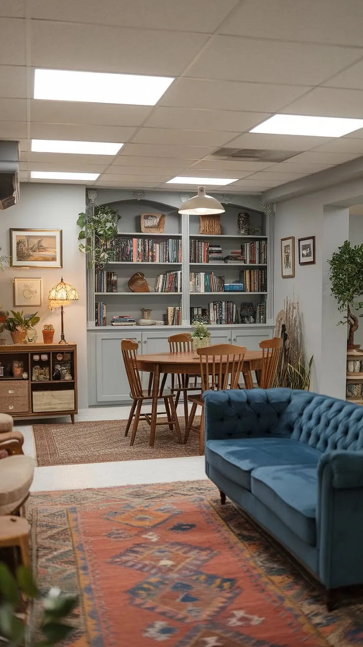 Transforming a small, dark basement into a cozy rec room was easier than we thought! This vintage basement remodel showcases cool basement aesthetic and comfortable basement ideas, perfect for open plan basement ideas in a basement suite.