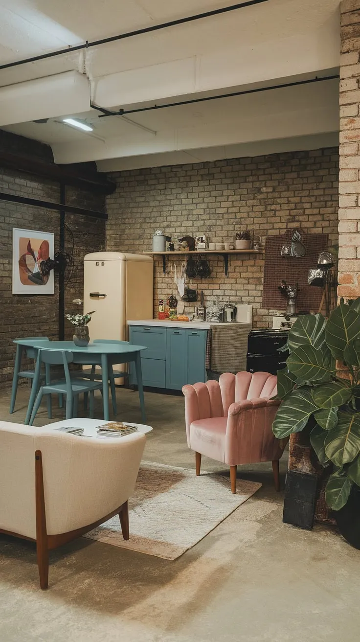 This vintage basement remodel transformed a dark space into a bright and airy basement suite. Open plan living, dining, and kitchen areas create a comfortable basement suite perfect for cozy rec room living. Living in basement ideas don't get much cooler than this.