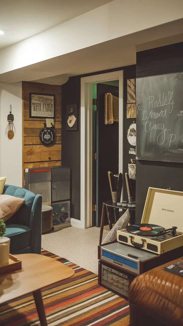 This basement suite boasts a cool basement aesthetic, showcasing open plan basement ideas and a cozy rec room perfect for relaxing. Vintage elements add character to this comfortable basement, proving that even cute unfinished basement ideas can create a stunning space. The small dark basement room adds a touch of mystery.
