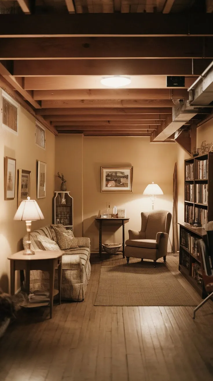 Transform your small dark basement ideas into a charming basement suite with this cute unfinished basement remodel. The warm ambiance and comfortable furniture create the perfect cozy rec room, showcasing a cool basement aesthetic and smart open plan basement ideas.