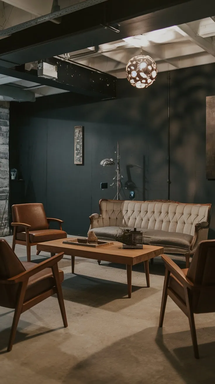 Transforming a small dark basement into a cozy rec room? This open plan basement design offers inspiration for living in basement ideas. The cool basement aesthetic features a vintage sofa and wooden coffee table, creating a comfortable and stylish space. Dark grey walls and a concrete floor contribute to the vintage basement remodel, making this basement suite a perfect example of cute unfinished basement ideas.