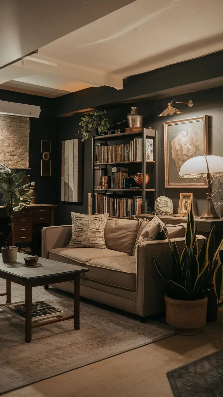 Small dark basement ideas get a stylish upgrade with this cute unfinished basement ideas approach. The open plan of this basement suite creates a surprisingly spacious and comfortable basement ideas living area, perfect for a cozy rec room.