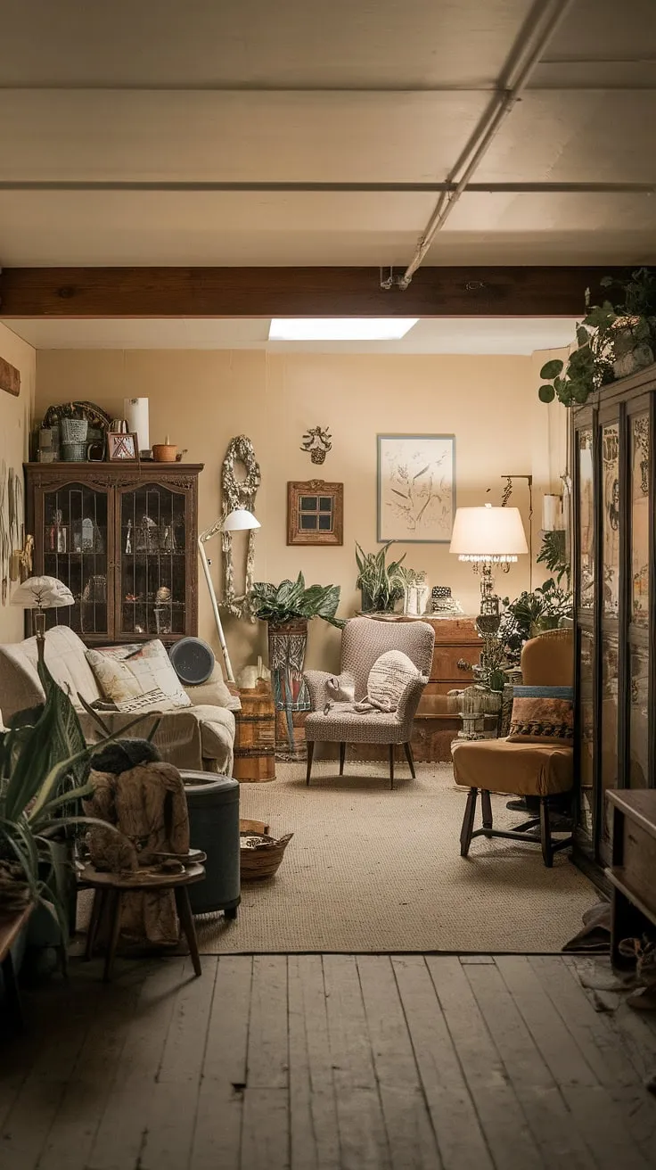 Cozy rec room goals? This vintage basement remodel showcases comfortable basement ideas and a cute unfinished basement aesthetic. Transforming a basement suite into a charming living space is easier than you think, proving that open plan basement ideas can be both stylish and functional.