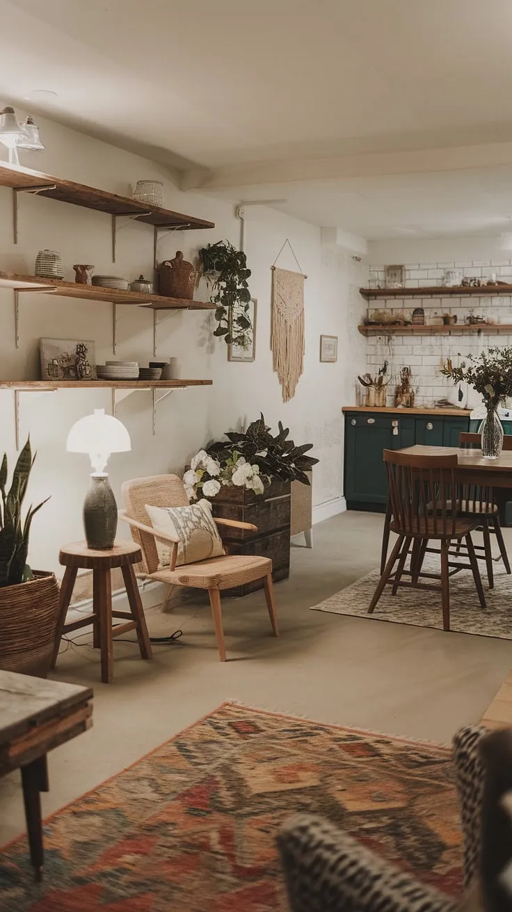 This vintage basement remodel showcases a cool basement aesthetic perfect for living in basement ideas. The open plan layout seamlessly blends a cozy rec room, dining area, and kitchen, proving that even small dark basement ideas can be transformed into a comfortable basement suite. Rustic wooden shelves, a vintage lamp, and a patterned rug add to the charming atmosphere, offering cute unfinished basement ideas for maximizing space and style.