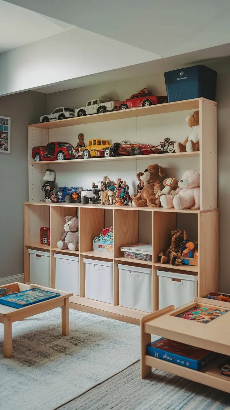 This cozy basement playroom proves that even a basement can be transformed into a fun and functional space for kids. Clever toy storage ideas, like this white wooden shelf with multiple compartments, keep the area organized and maximize space. The board game storage on the small table adds to the playroom's charm, while the grey walls provide a neutral backdrop for the vibrant toys. This home playroom is a testament to effective basement organization and toy organization, showcasing practical playroom storage ideas and delightful playroom decor.