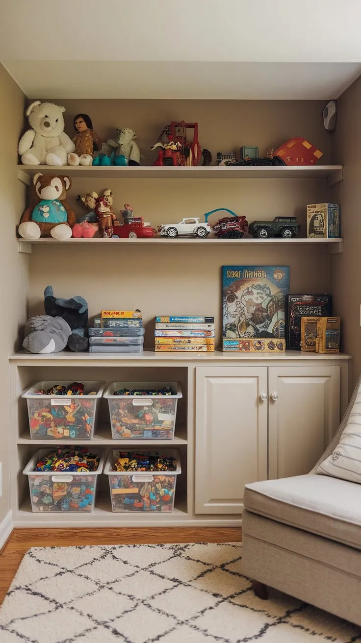 Transform your basement into a fun and functional home playroom with these inspiring toy storage ideas. This basement playroom features practical solutions for toy organization, including shelves for stuffed animals and action figures, a bin for LEGOs, and a dedicated cabinet for board game storage. The neutral beige walls provide a calming backdrop, while the rug and chair add a touch of comfort and playroom decor. This basement organization project showcases clever playroom storage ideas, creating a dedicated space for imaginative play.