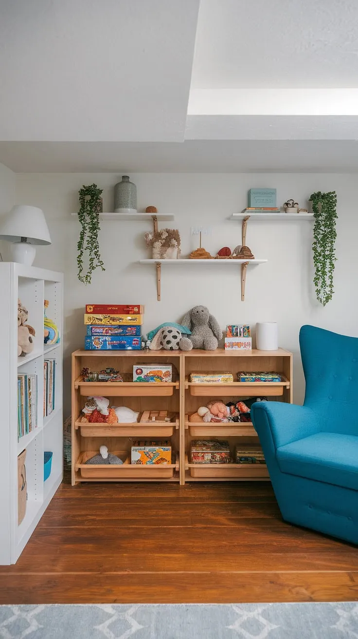 Transforming this basement into a cheerful basement playroom was a breeze with these smart toy storage ideas. The custom wooden cabinet provides ample board game storage and toy organization, while the white bookshelf adds a touch of playroom decor. This basement organization solution is both practical and aesthetically pleasing, making it the perfect home playroom. The result? A delightful space that's perfect for playtime, showcasing effective playroom storage ideas and basement toy room design.