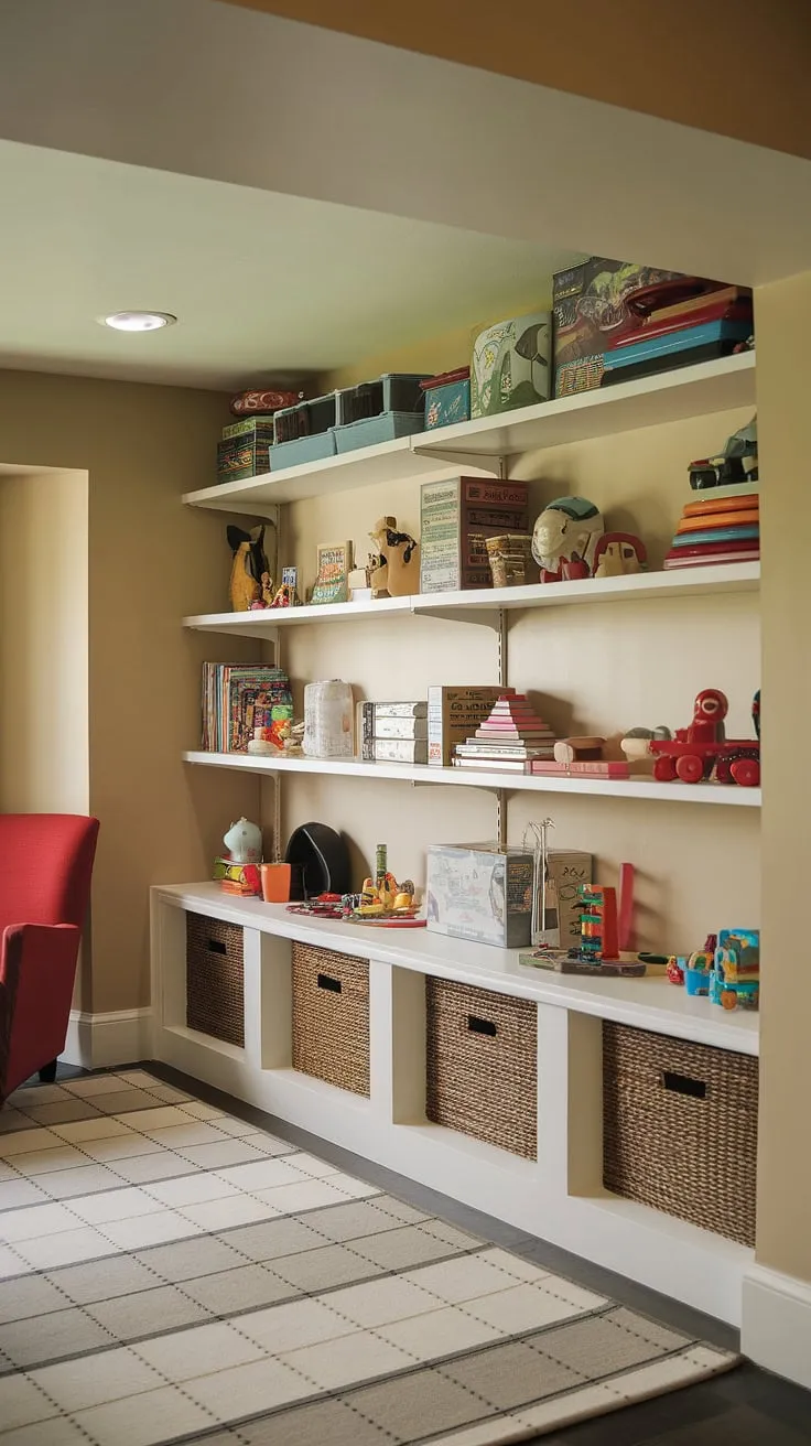 This bright basement toy room proves that even a basement can be a haven of fun! Clever toy storage ideas and playroom storage ideas maximize space, while the playroom decor creates a cheerful atmosphere. Perfect board game storage and toy organization solutions make cleanup a breeze.
