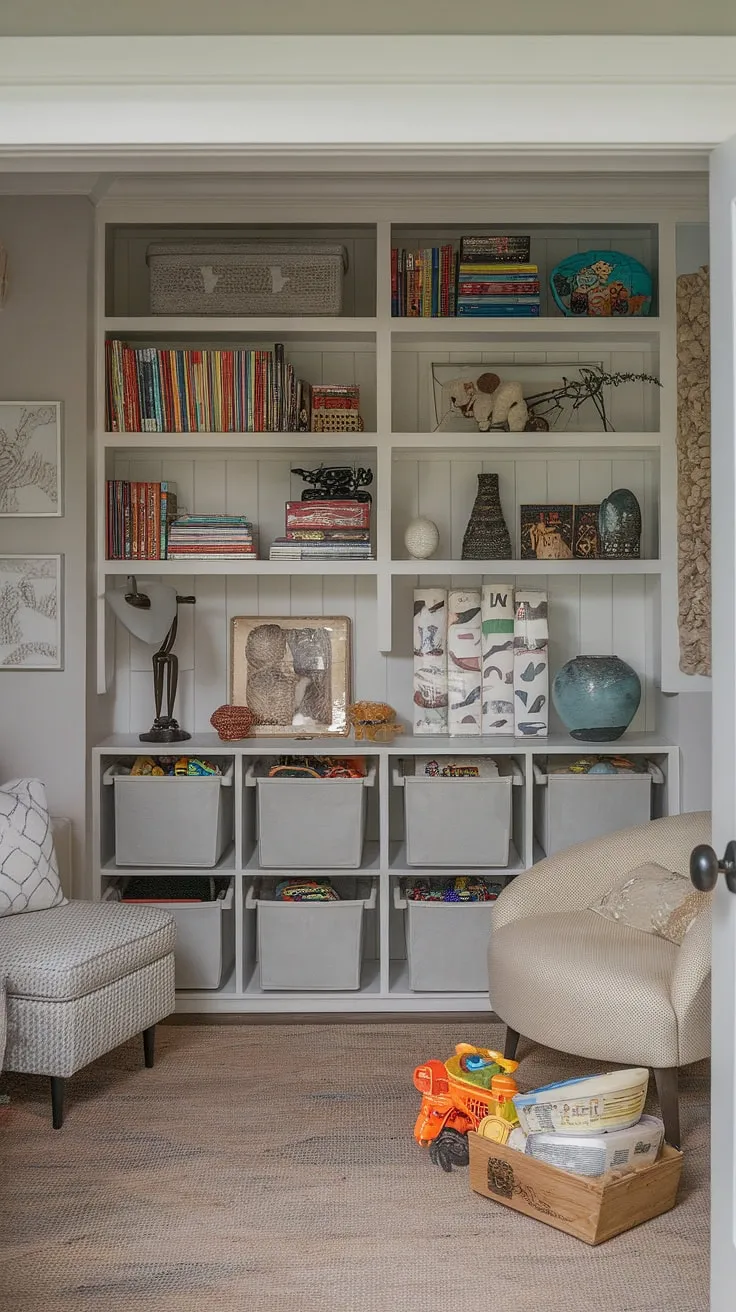 Transform your basement into the ultimate basement playroom! This space boasts brilliant toy organization and playroom decor, showcasing creative toy storage ideas for a fun and functional home playroom. Basement organization has never looked so good.