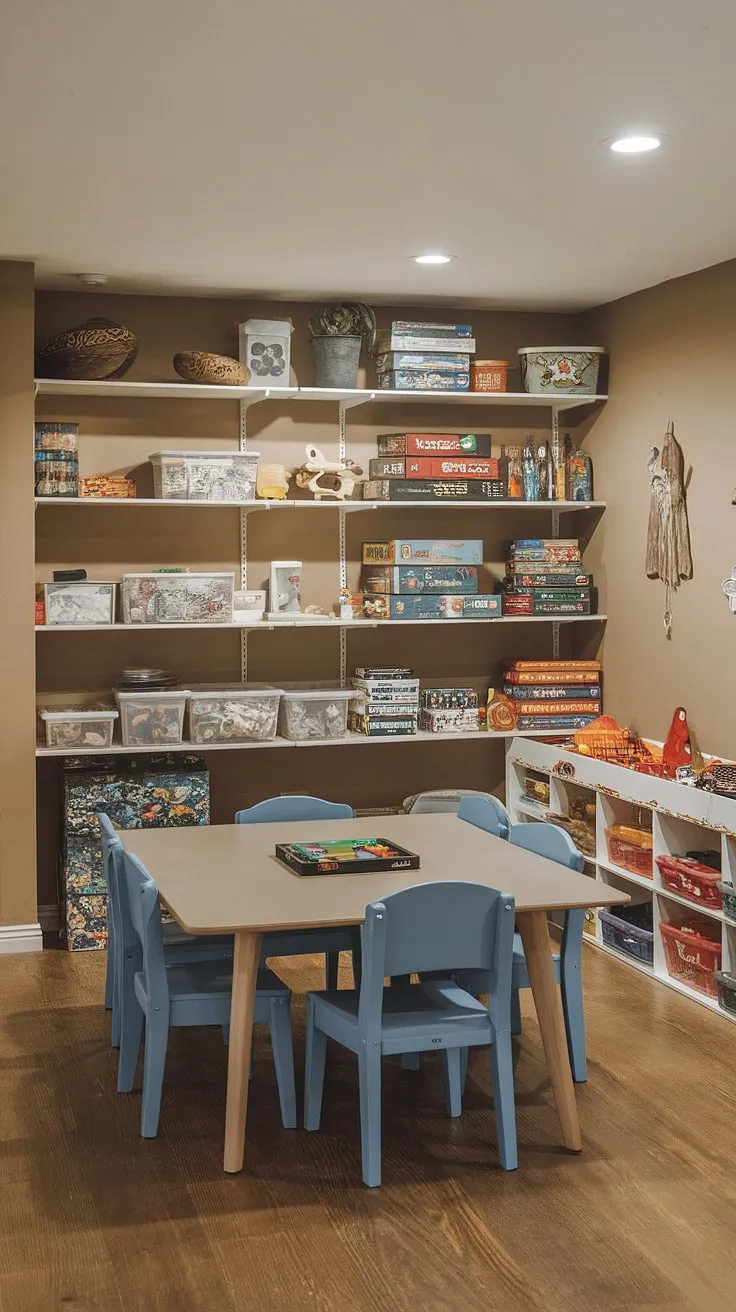This bright and cheerful basement playroom proves that even a basement can be transformed into a fun and functional space for kids. Clever toy storage ideas and board game storage solutions maximize space, while the large play table provides ample room for games and creative projects. This home playroom showcases excellent basement organization and toy organization, making playtime a breeze. The playroom decor adds a touch of personality, creating a welcoming atmosphere.