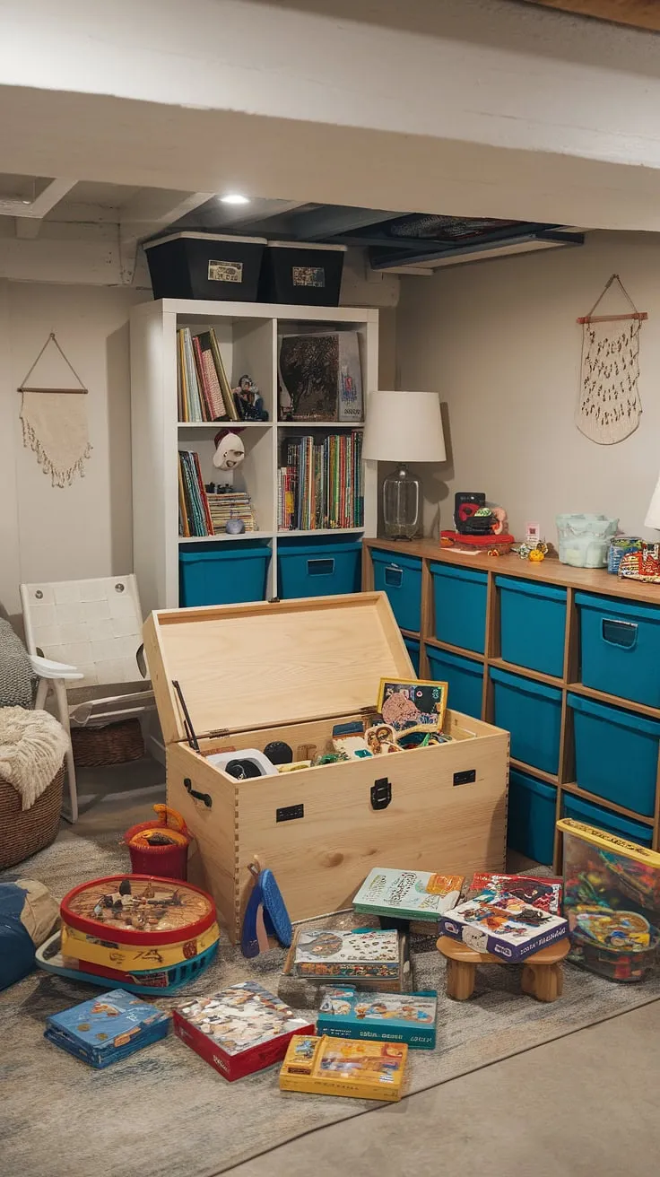 This cozy basement toy room, cleverly designed with playroom storage ideas, showcases effective toy organization. The large wooden toy chest is a central feature, surrounded by board game storage and other toys, while a bookshelf and storage bins contribute to basement organization. The white chair and lamp add a touch of playroom decor, creating a welcoming home playroom environment.
