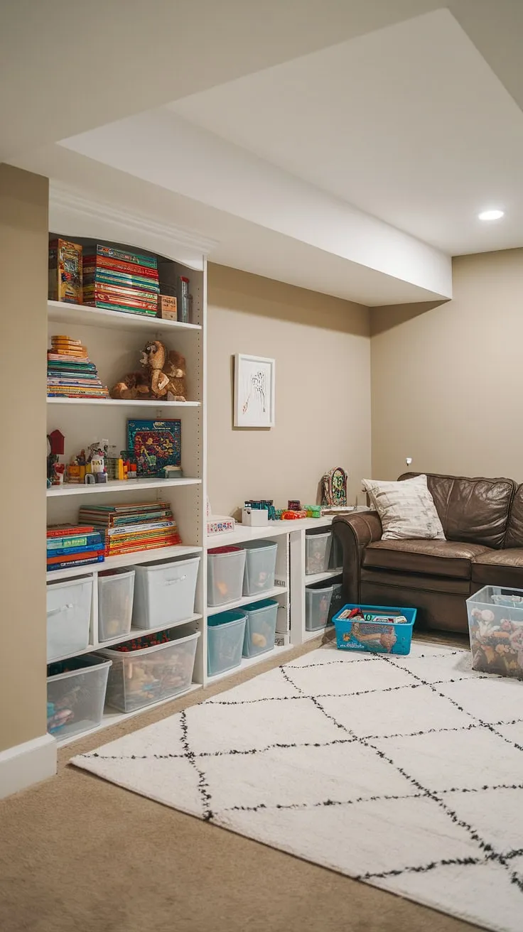 This basement toy room proves that even a basement can be transformed into a fun and functional play space. Clever toy storage ideas and playroom storage ideas, including dedicated board game storage, make this home playroom a dream. Basement organization and toy organization are key to this space's success.