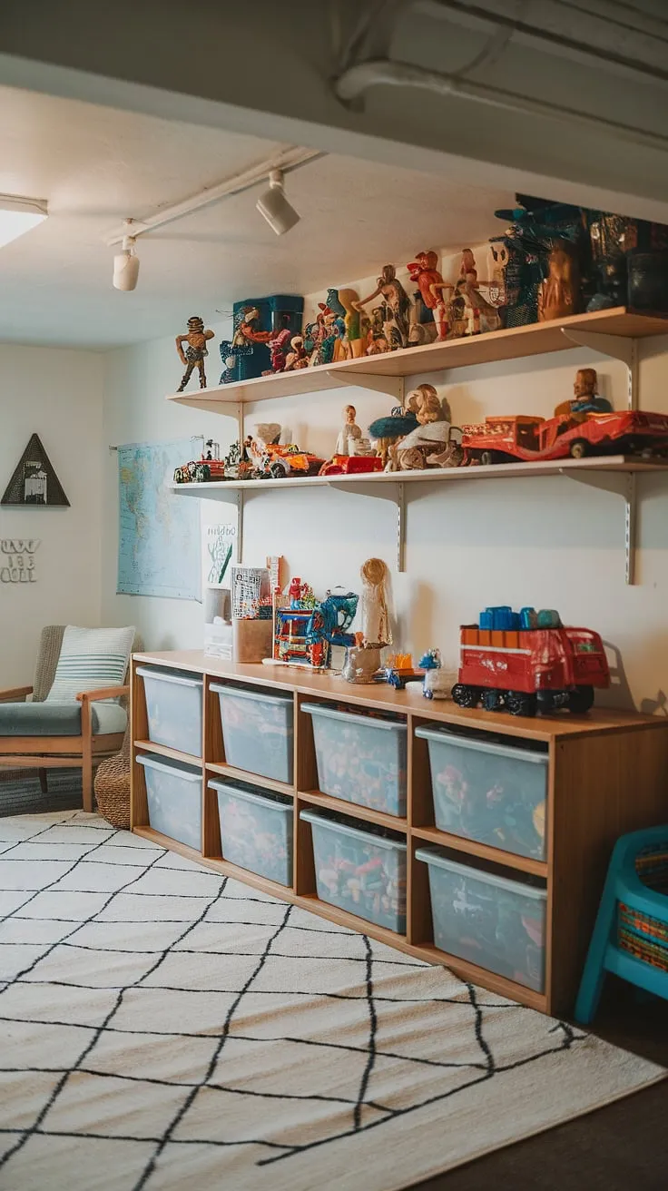 This bright and cheerful basement playroom proves that even a basement can be transformed into a fun and functional space for kids. Clever toy storage ideas, like the wooden shelf showcasing action figures, dolls, and cars, and the large plastic bins below, keep everything organized. The addition of a rug and chairs creates a cozy atmosphere, while the map adds a touch of playroom decor. This home playroom is a testament to effective basement organization and toy organization, even incorporating a space for board game storage.