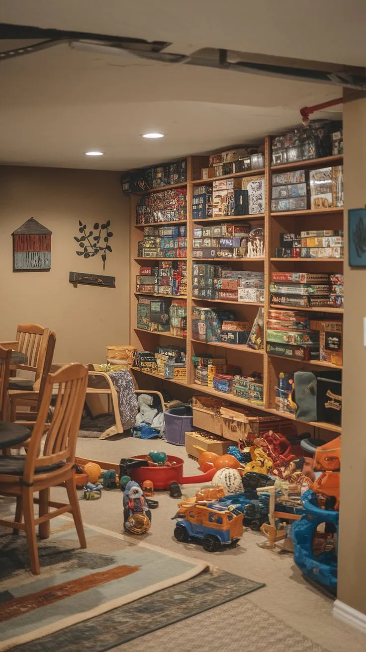 This bright and organized basement toy room is the ultimate play haven! Clever toy storage ideas and board game storage solutions maximize space, while the cozy rug and playful decor create a welcoming home playroom atmosphere. Excellent examples of basement organization and toy organization for a functional and fun basement playroom.