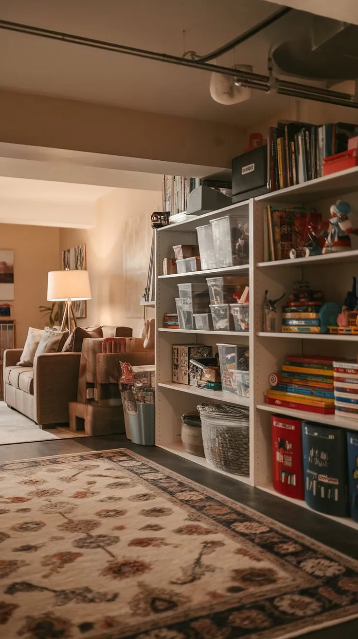 Transforming this basement into a dedicated basement playroom was a game-changer! We maximized space with creative toy storage ideas and playroom storage solutions, including smart board game storage. The large rug defines the play area, while the couch offers a cozy spot for reading. This home playroom demonstrates effective basement organization and toy organization, resulting in a fun and functional space. The warm lighting completes the inviting playroom decor.