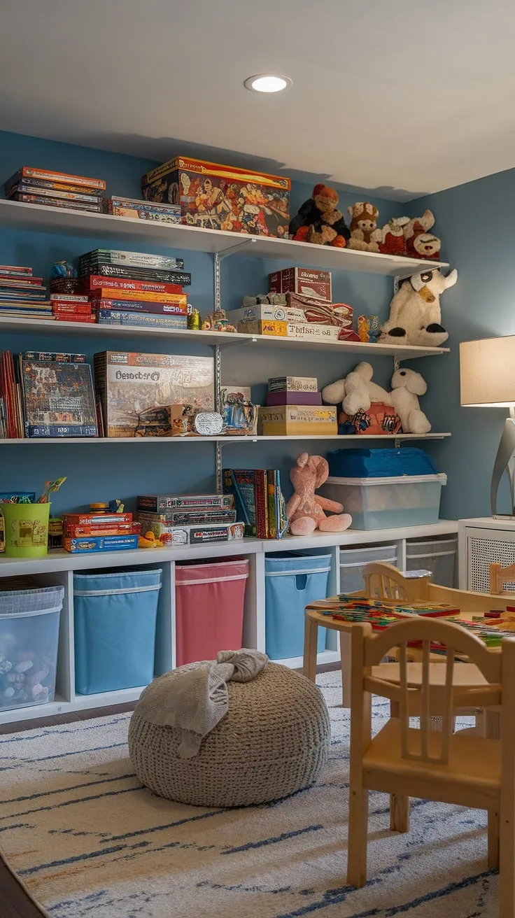Transform your basement into the ultimate kids' haven! This basement toy room boasts clever toy storage ideas, playroom storage ideas, and brilliant board game storage solutions, creating a fun and organized home playroom. Basement organization has never been so stylish.