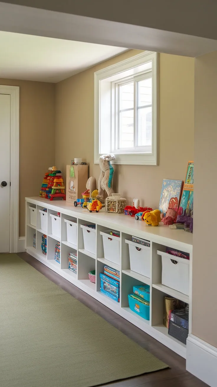 This basement toy room proves that even a basement can be transformed into a fun and functional home playroom. Clever toy storage ideas and playroom storage ideas, including dedicated board game storage, make toy organization a breeze. The result? A playful space that's both stylish and organized.