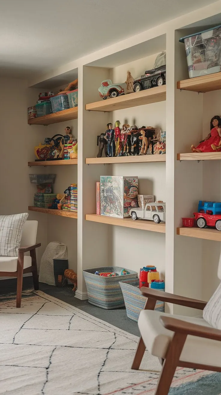 Basement organization doesn't have to be boring! This basement playroom showcases creative toy organization and smart toy storage ideas, perfect for a basement toy room. From action figures to board games, everything has its place, making this the ultimate playroom decor and a testament to effective basement organization.