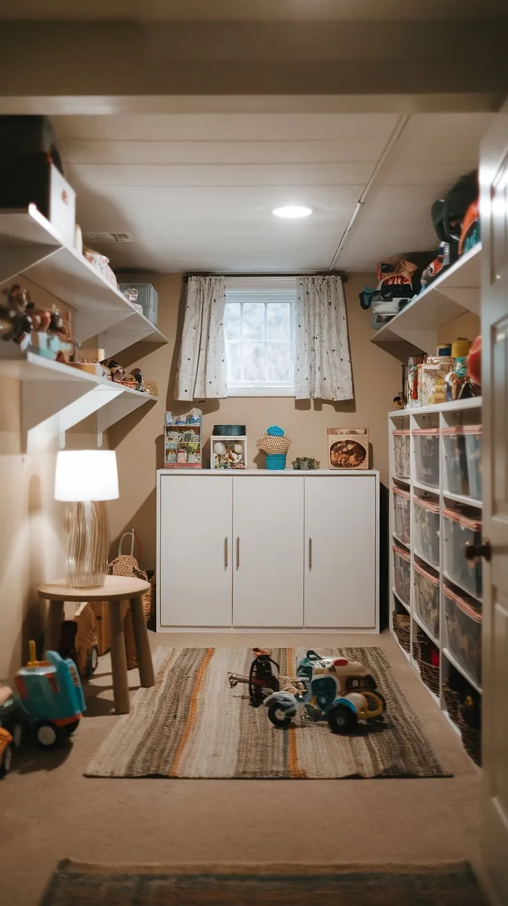 This bright and cheerful basement toy room is the ultimate play haven! Clever toy storage ideas, including the white cabinet and wall shelves, maximize space and keep everything organized. The playroom decor is simple yet inviting, creating a fun atmosphere for playtime. Excellent examples of board game storage and toy organization solutions for a home playroom or basement playroom. This basement organization project is a testament to how a little creativity can transform a basement into a delightful space.