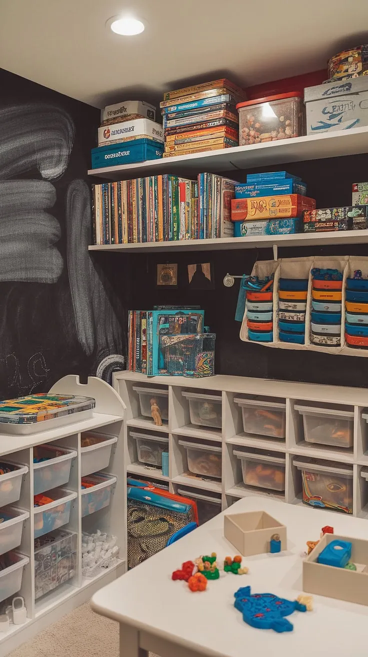 This bright basement toy room is the ultimate play haven! Clever toy storage ideas, from board game storage to a hanging shoe organizer, keep everything organized and accessible. Perfect playroom storage ideas for a fun and functional home playroom.