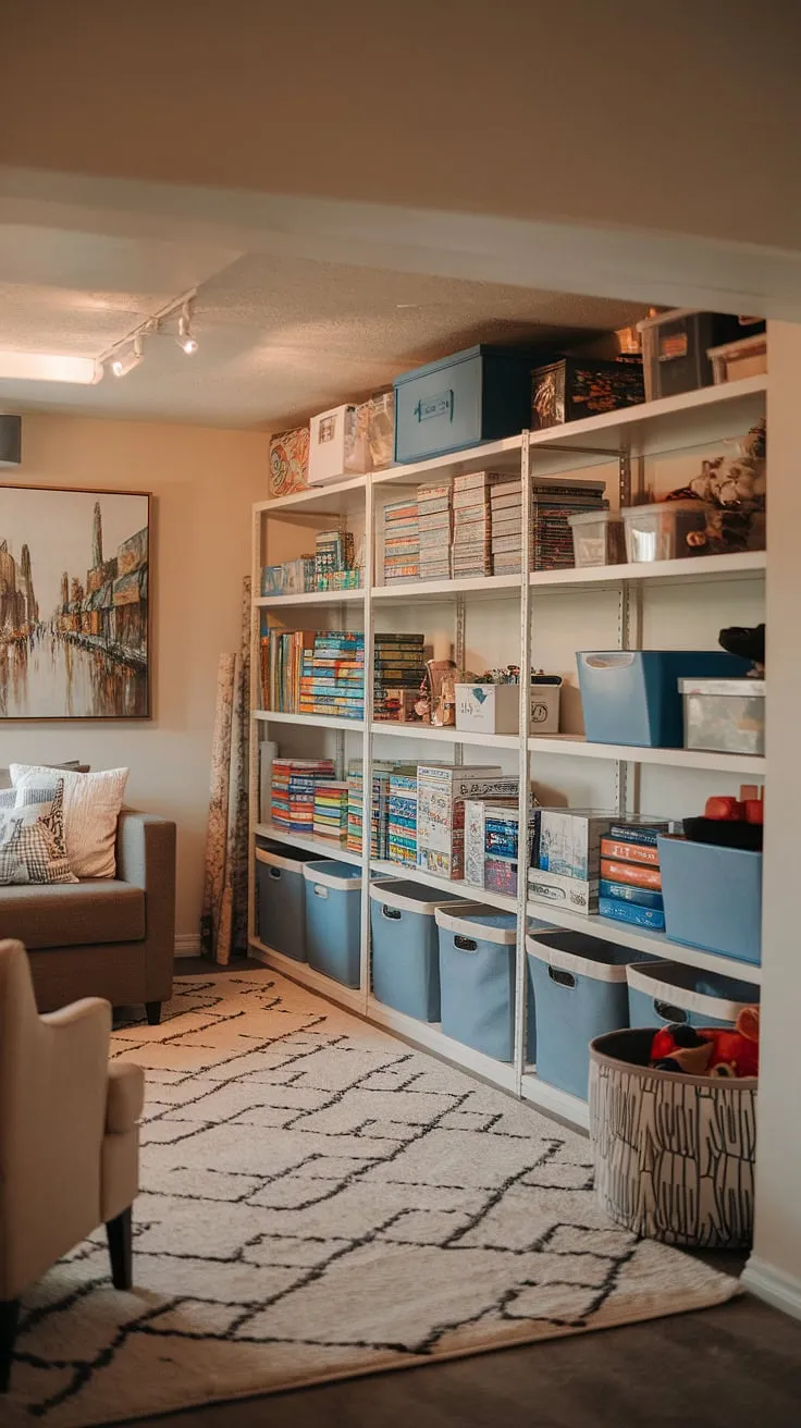 Transforming this basement into a dedicated basement toy room was a game-changer! These playroom storage ideas, featuring ample shelving for board game storage and creative toy organization solutions, maximize space and minimize clutter. The warm lighting and comfortable seating create a welcoming atmosphere, while the playroom decor adds personality. This basement playroom is a perfect example of effective basement organization for a happy and functional home playroom.