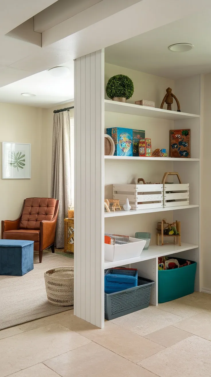 This charming basement playroom cleverly utilizes a white wooden shelf to divide a cozy seating area with a brown leather chair and blue ottoman from a well-organized toy storage section. Smart toy storage ideas are on full display, showcasing board game storage solutions, a white wooden bin, blue storage basket, and green toy box. This home playroom exemplifies basement organization and toy organization, all while maintaining a playful and inviting playroom decor. The beige tiled floor and beige curtain add a touch of warmth to this functional and stylish basement toy room.