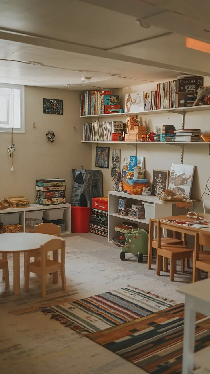 This basement toy room is a testament to effective basement organization and toy organization. The shelves overflow with books and toys, showcasing smart toy storage ideas and playroom storage ideas. A designated area for board game storage keeps game nights ready to go. The light walls and playful decor contribute to the overall home playroom aesthetic, making this basement playroom a delightful space for kids.
