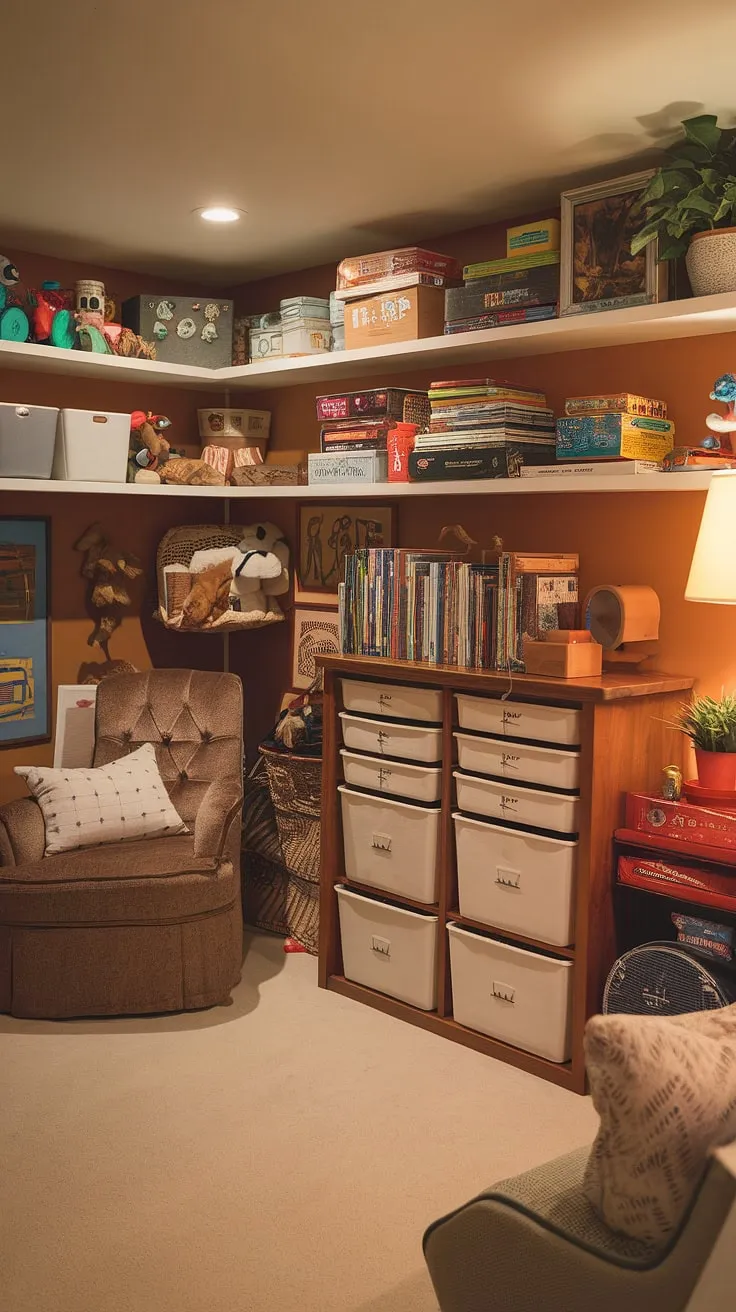 Escape to this charming basement playroom, a haven of imagination. The perfect blend of playroom decor and basement organization, featuring smart toy organization and toy storage ideas. Board game storage solutions make this home playroom a dream come true.