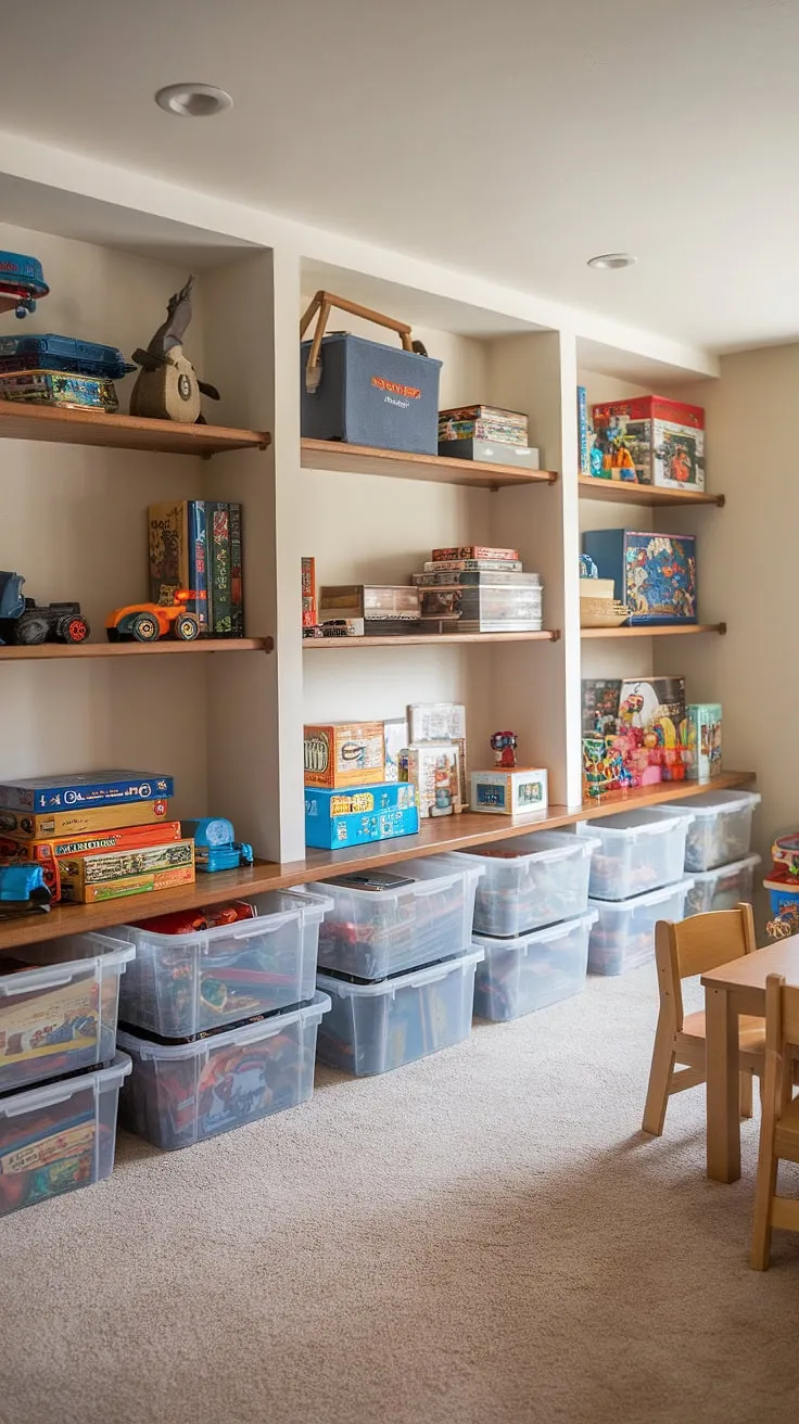 Basement organization doesn't have to be boring! This basement playroom boasts creative toy storage ideas and playroom decor, making the most of the space for board game storage and effortless toy organization. A dream basement toy room for kids of all ages.