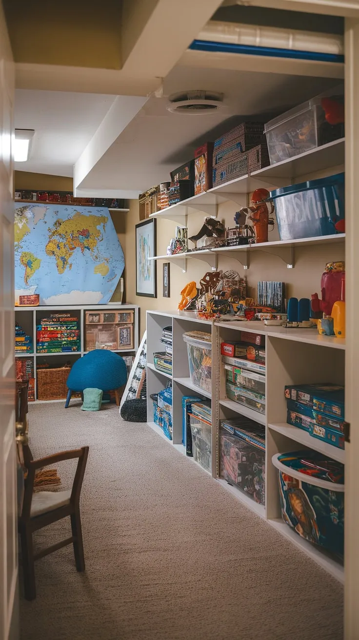 Transforming unused basement space into a fantastic home playroom! This basement playroom and basement toy room boasts creative toy storage ideas and playroom storage solutions, including smart board game storage. The carpeted floor and playful playroom decor create a welcoming atmosphere, while the efficient basement organization ensures everything has its place. This is a perfect example of effective toy organization for a fun and functional play space.