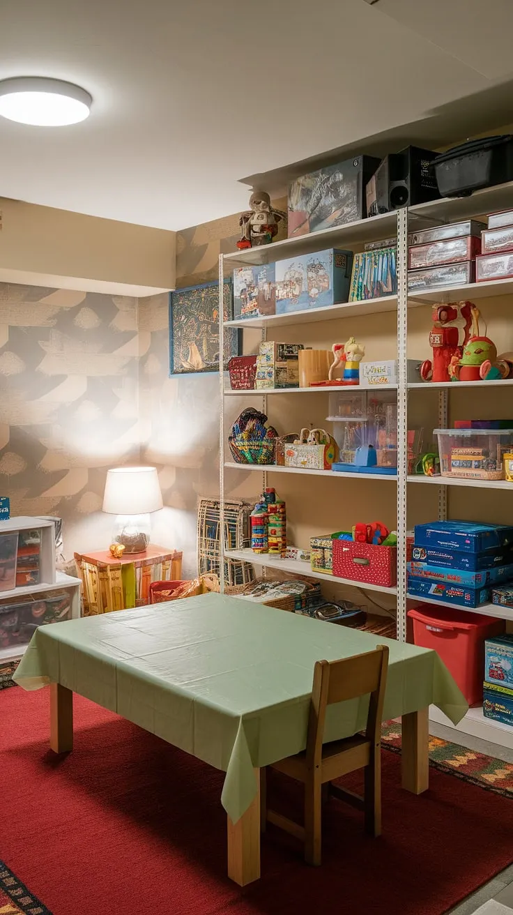 This cozy basement playroom boasts clever toy storage ideas and playroom storage ideas, showcasing efficient board game storage on the shelves. The green tablecloth on the large table adds a pop of color to this functional home playroom, while the red rug warms the space. Basement organization is key, and this room demonstrates excellent toy organization. The beige and gray patterned walls provide a neutral backdrop for the vibrant playroom decor.
