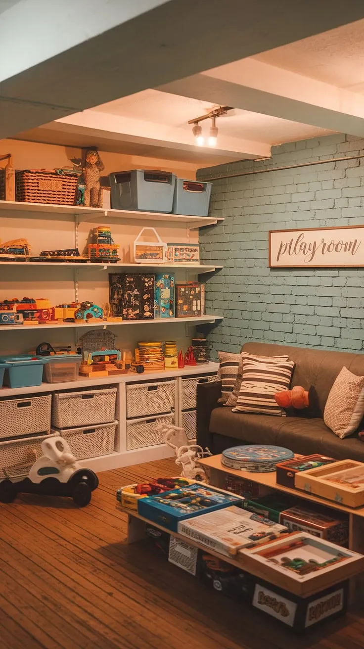 Warm lighting illuminates this cozy basement playroom, a haven of fun and imaginative play. Clever toy storage ideas, including shelves with baskets, keep the space organized and clutter-free, showcasing effective basement organization and toy organization solutions. A dedicated board game storage area sits near a comfy couch, perfect for family game nights. The painted brick wall adds character, while the playroom decor sign above the couch completes the inviting atmosphere. This home playroom is a testament to how a basement can be transformed into a delightful space for kids.