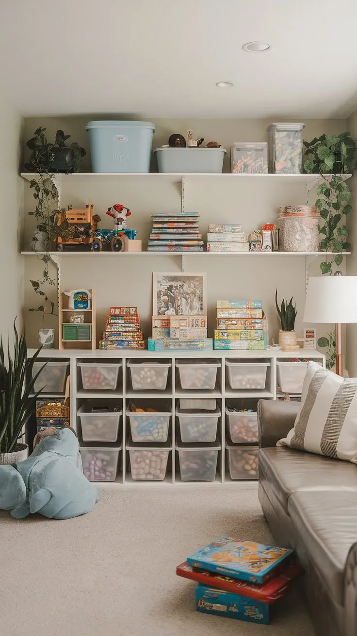 Transform your basement into the ultimate basement playroom! These playroom storage ideas and toy organization tips create a stylish and functional space for kids of all ages, showcasing basement organization at its best. The perfect blend of playroom decor and practical toy storage.
