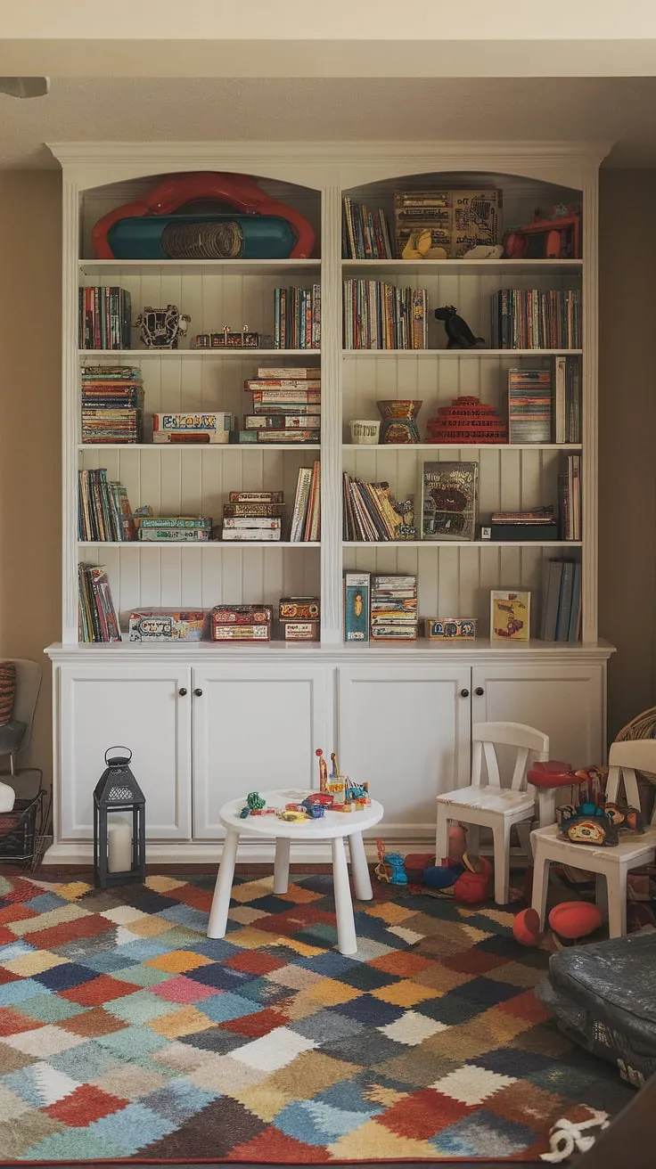 Basement organization doesn't have to be boring! This basement playroom boasts brilliant toy organization and playroom storage ideas, making this basement toy room a haven for imaginative play. The perfect example of board game storage and playroom decor.