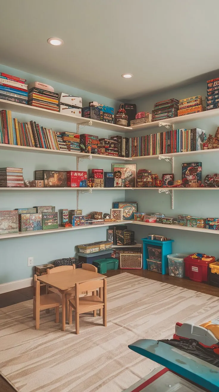 This basement toy room is a haven of fun, showcasing clever toy storage ideas and playroom decor. The perfect blend of basement organization and playroom storage ideas, even the board game storage is a thing of beauty.