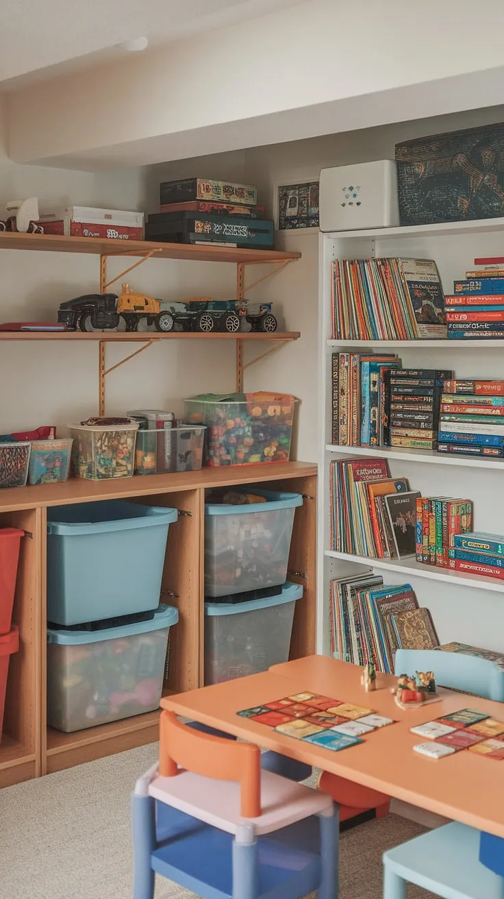 This well-organized basement toy room boasts clever toy storage ideas, including a wooden shelving unit, large storage bins, and a bookcase dedicated to board game storage. The playroom decor is complete with a table and chairs, creating a dedicated space for family game nights. This home playroom exemplifies excellent basement organization and toy organization systems, transforming a basement into a functional and fun basement playroom.