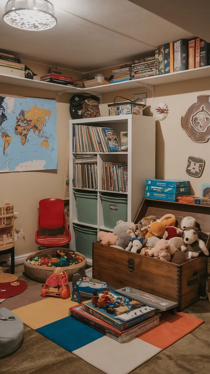 This cozy basement playroom is a haven of fun and imaginative play! Clever toy storage ideas, like the white bookshelf for books and the green bin, keep everything organized. The wooden chest overflowing with plush animals adds a touch of whimsy, while the colorful rug and world map contribute to the playroom decor. This home playroom showcases excellent basement organization and board game storage solutions, making it a perfect example of basement toy room design.